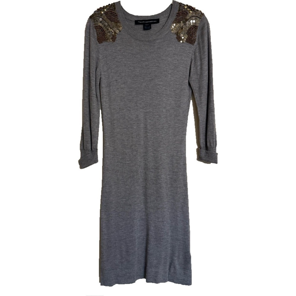 French Connection Gray Sweater Dress Beaded Shoulders Size 6 Party Cocktail Chic
